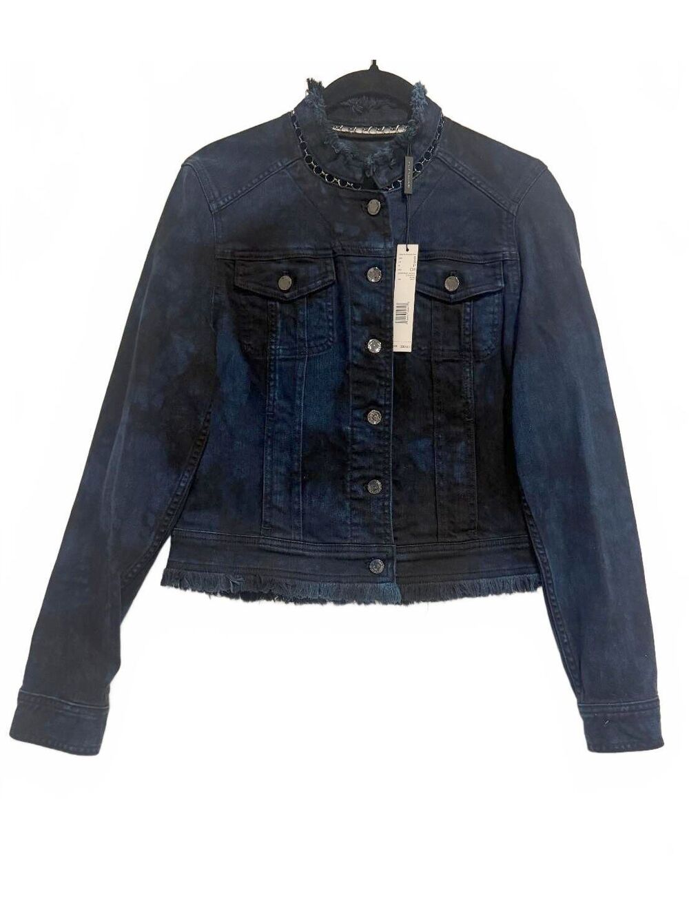 New Elie Tahari Embellished‎ Denim Jacket Chain Collar Tie Dye Frayed Size Small